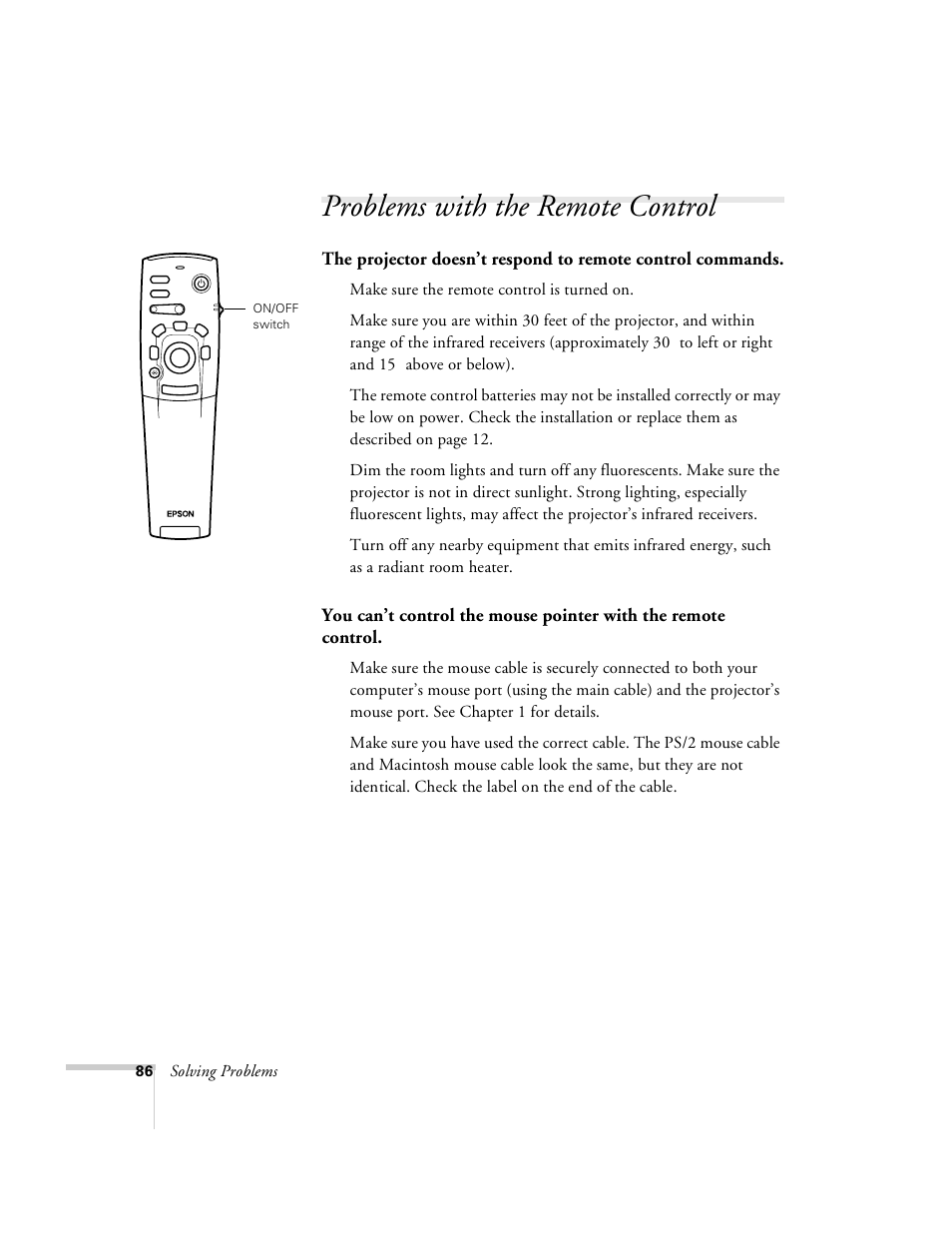 Problems with the remote control, Solving problems, Make sure the remote control is turned on | Above or below) | Epson 8100i User Manual | Page 92 / 120