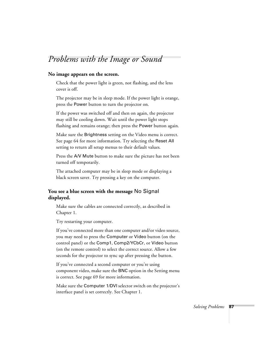 Problems with the image or sound | Epson 8100i User Manual | Page 93 / 120