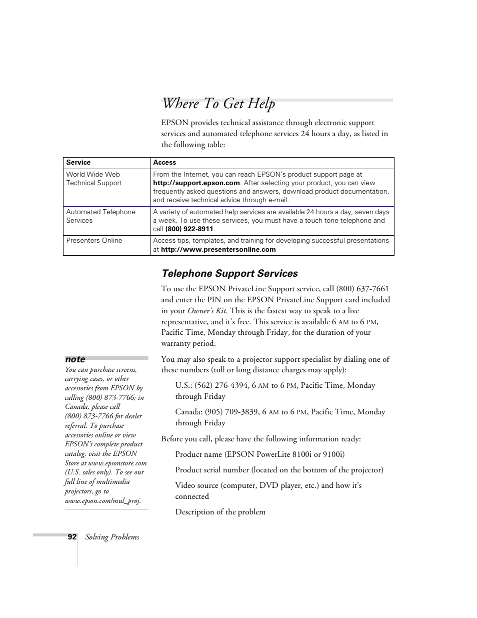 Where to get help, Telephone support services | Epson 8100i User Manual | Page 98 / 120