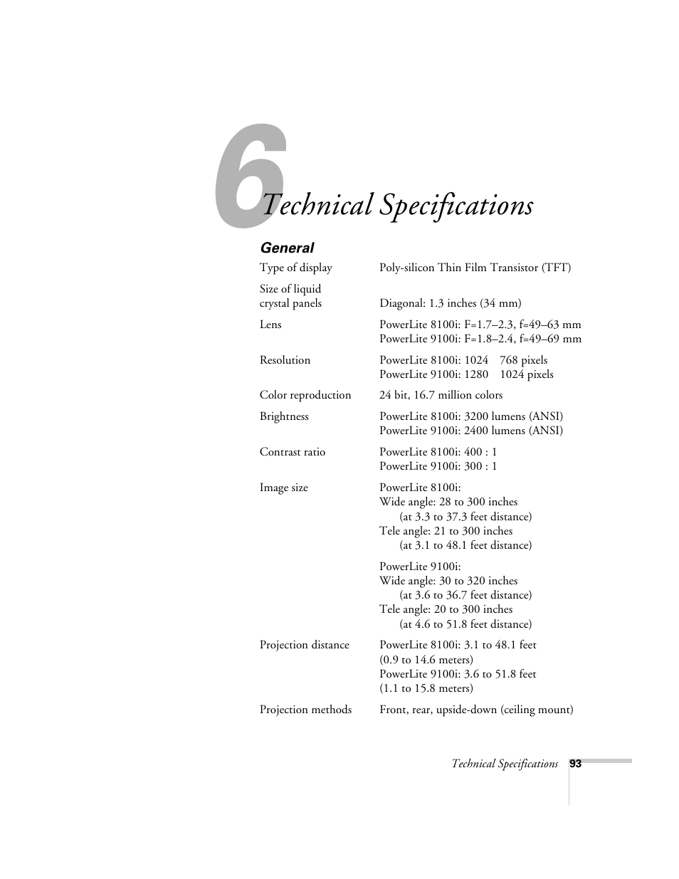 Chap 6-technical specifications, General, Technical | Specifications, Technical specifications | Epson 8100i User Manual | Page 99 / 120