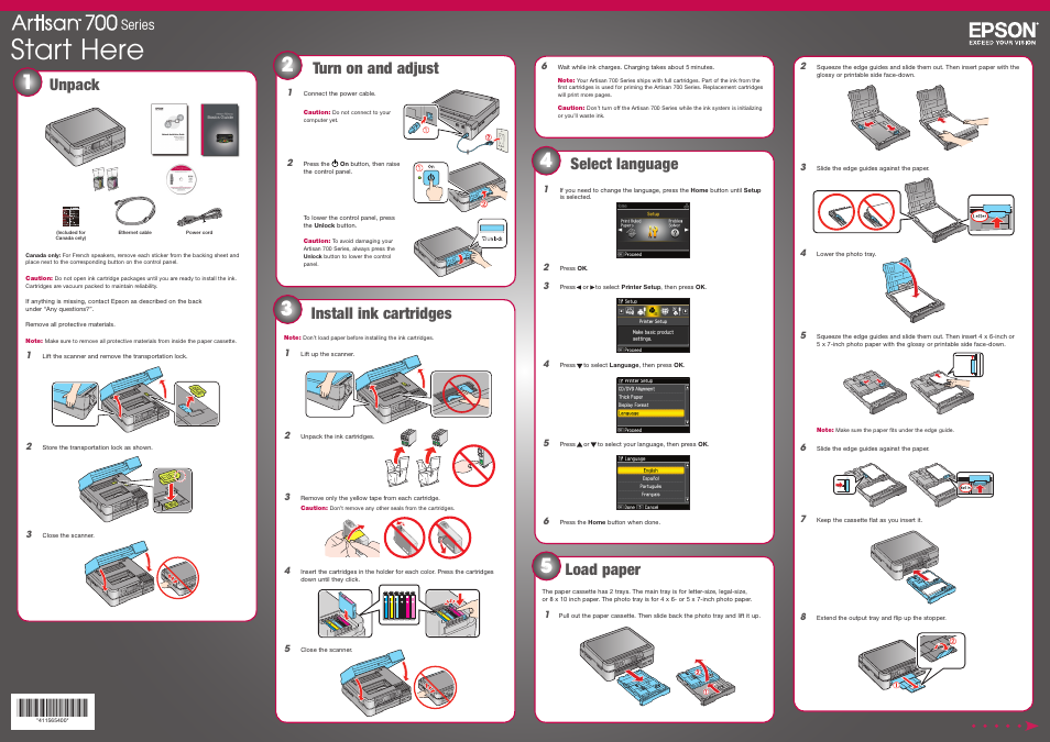 Start here, Unpack, Load paper | Turn on and adjust, Select language, Install ink cartridges, Series | Epson Artisan 700 Series User Manual | Page 4 / 8