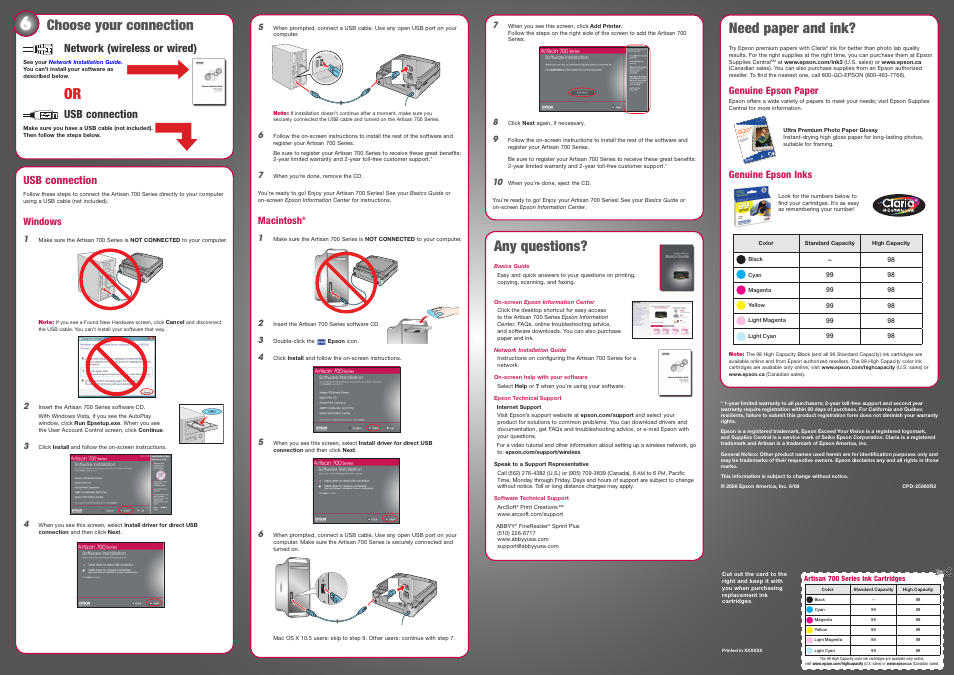 Choose your connection, Network (wwireless or wired), Usb connection | Windows, Need paper and ink, Any questions, Network (wireless or wired), Macintosh, Genuine epson paper, Genuine epson inks | Epson Artisan 700 Series User Manual | Page 5 / 8