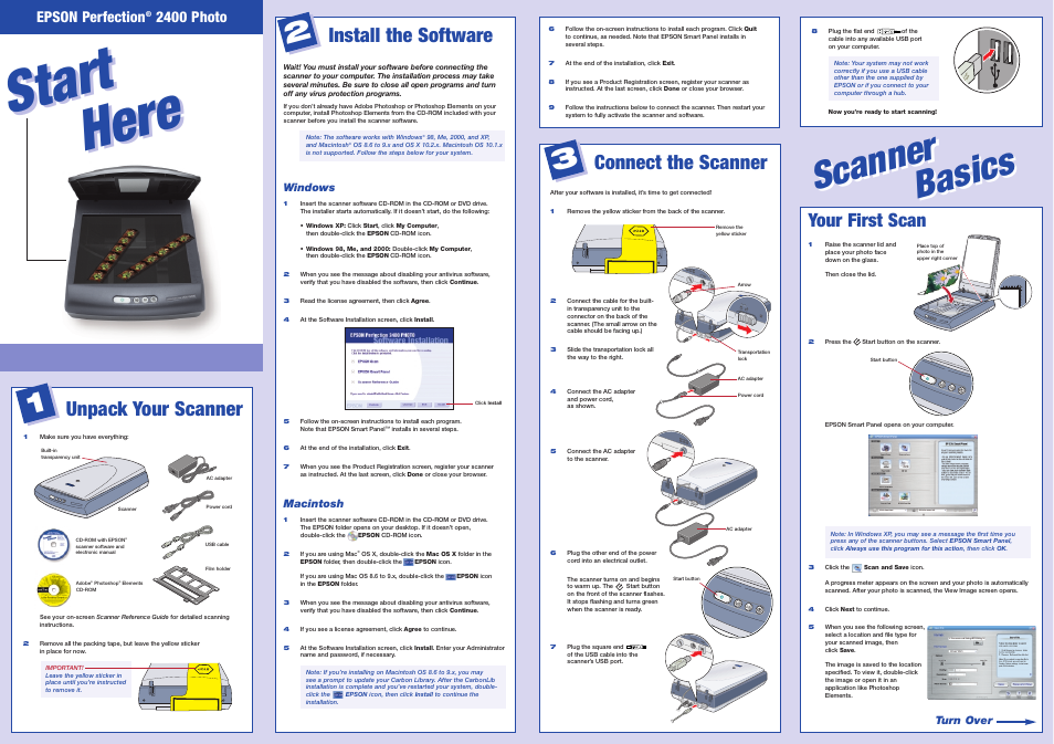 Install the software, Windows, Macintosh | Steps 1-5, Start here start here, Scanner basics scanner basics, Unpack your scanner install the software, Connect the scanner, Your first scan, Epson perfection | Epson Perfection Photo 2400 User Manual | Page 2 / 8