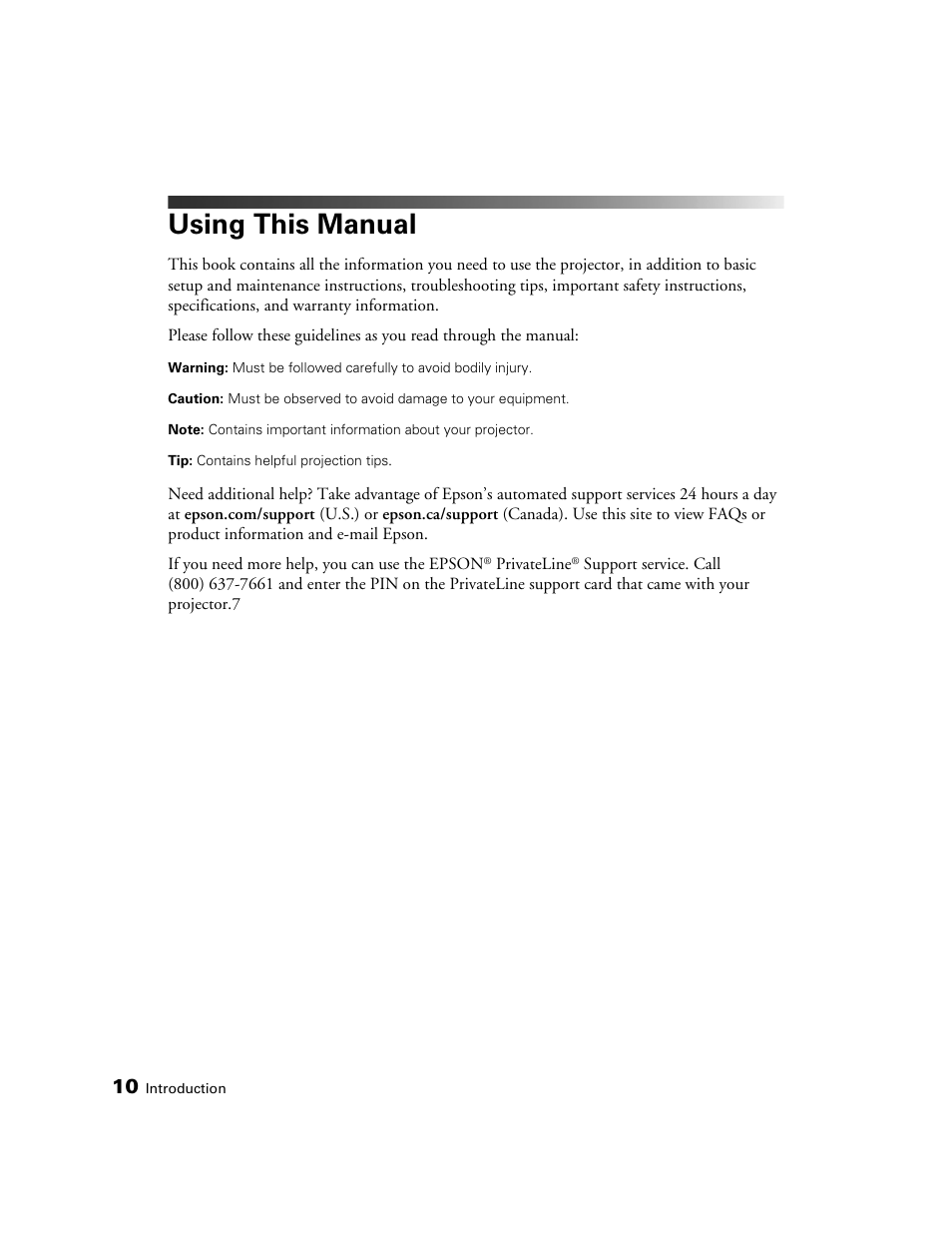 Using this manual | Epson POWERLITE 5010E User Manual | Page 10 / 86