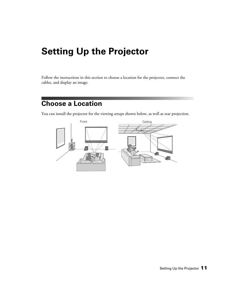 Setting up the projector, Choose a location | Epson POWERLITE 5010E User Manual | Page 11 / 86