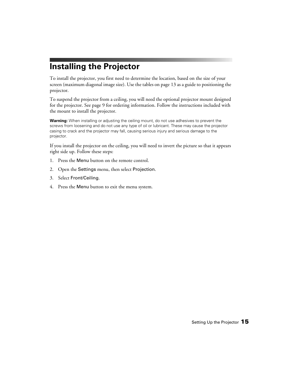 Installing the projector | Epson POWERLITE 5010E User Manual | Page 15 / 86