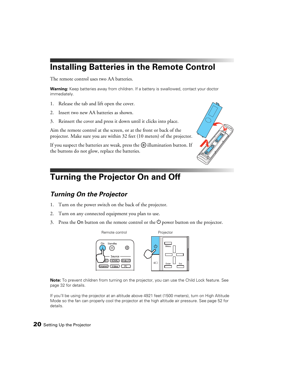 Installing batteries in the remote control, Turning the projector on and off, Turning on the projector | Epson POWERLITE 5010E User Manual | Page 20 / 86