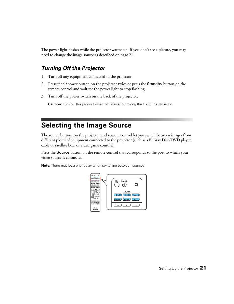 Turning off the projector, Selecting the image source | Epson POWERLITE 5010E User Manual | Page 21 / 86