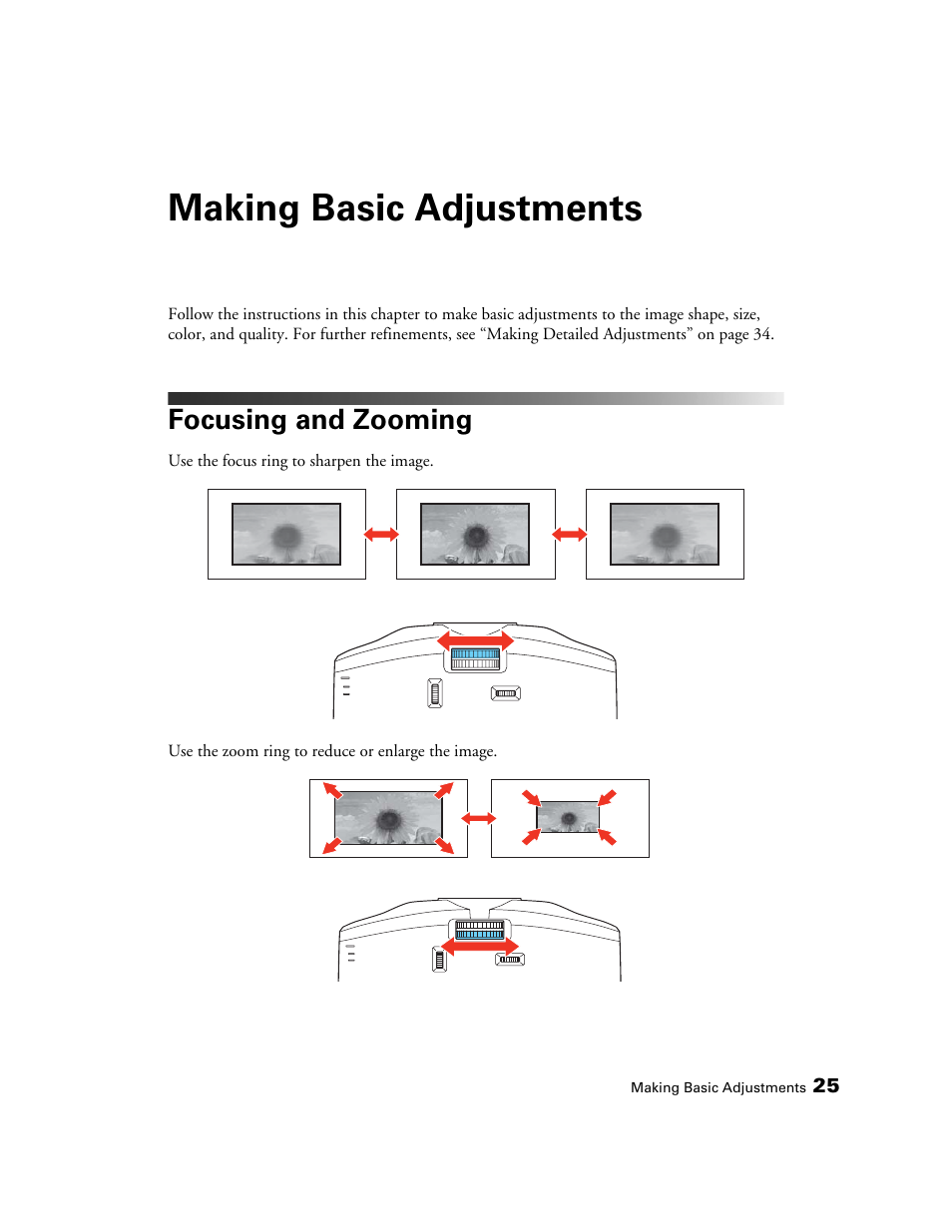 Making basic adjustments, Focusing and zooming | Epson POWERLITE 5010E User Manual | Page 25 / 86