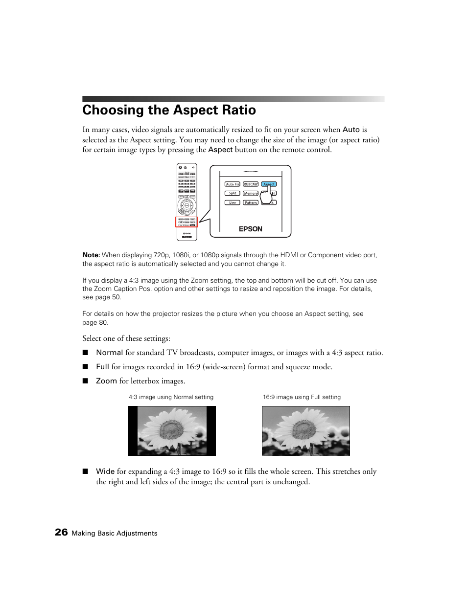 Choosing the aspect ratio | Epson POWERLITE 5010E User Manual | Page 26 / 86