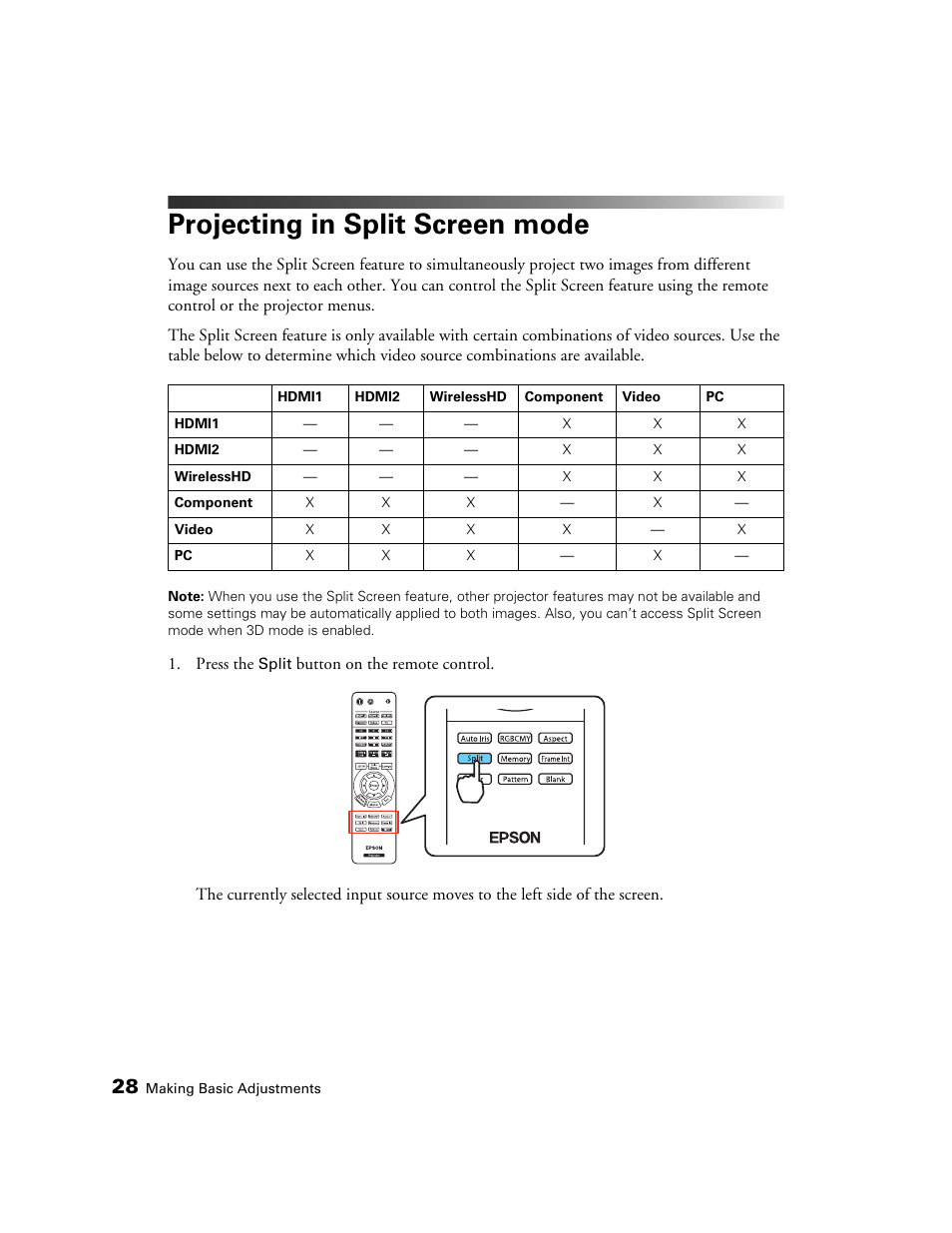 Projecting in split screen mode | Epson POWERLITE 5010E User Manual | Page 28 / 86