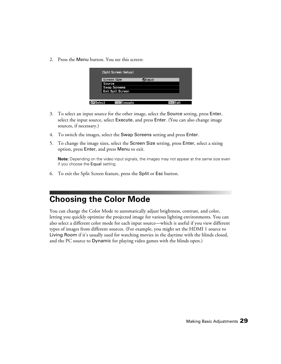 Choosing the color mode | Epson POWERLITE 5010E User Manual | Page 29 / 86