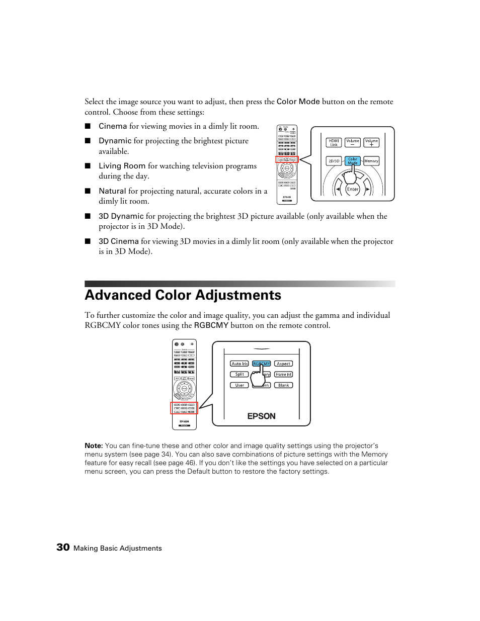 Advanced color adjustments | Epson POWERLITE 5010E User Manual | Page 30 / 86