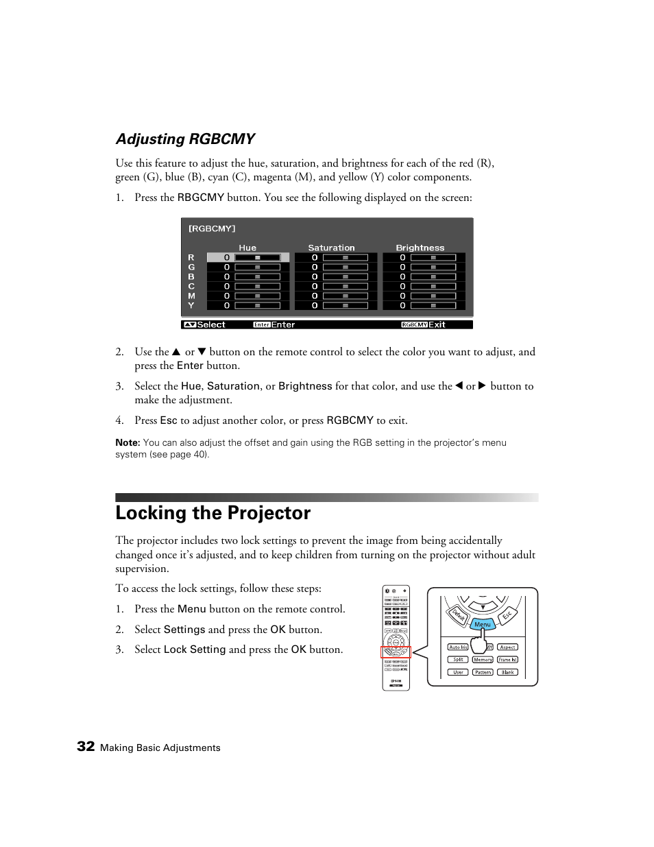 Adjusting rgbcmy, Locking the projector | Epson POWERLITE 5010E User Manual | Page 32 / 86