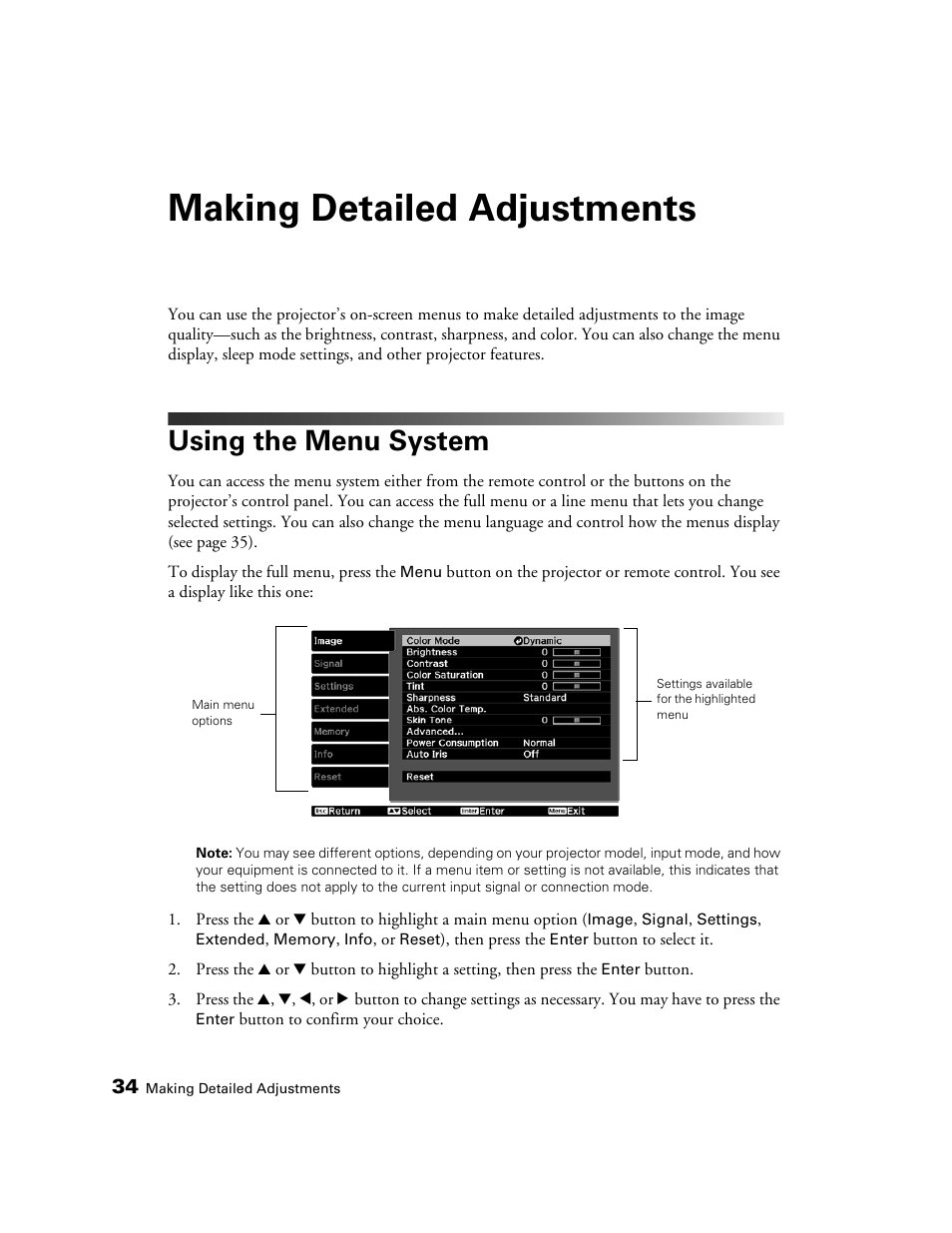 Making detailed adjustments, Using the menu system | Epson POWERLITE 5010E User Manual | Page 34 / 86