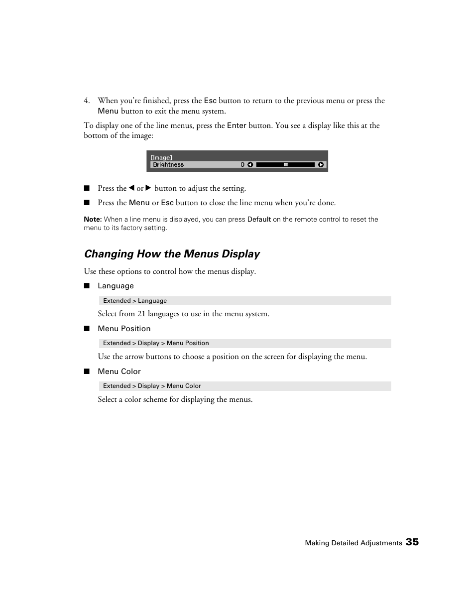 Changing how the menus display | Epson POWERLITE 5010E User Manual | Page 35 / 86