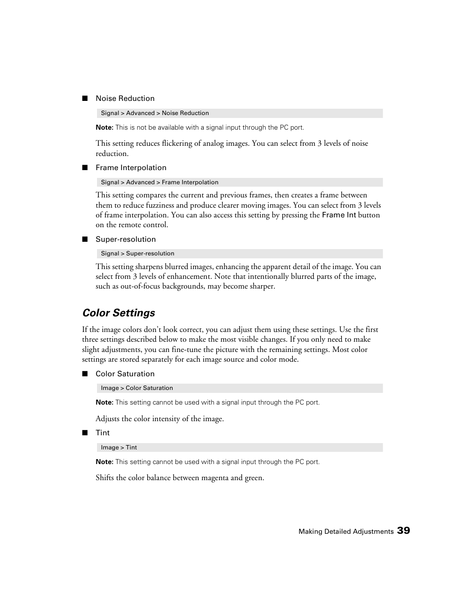 Color settings | Epson POWERLITE 5010E User Manual | Page 39 / 86