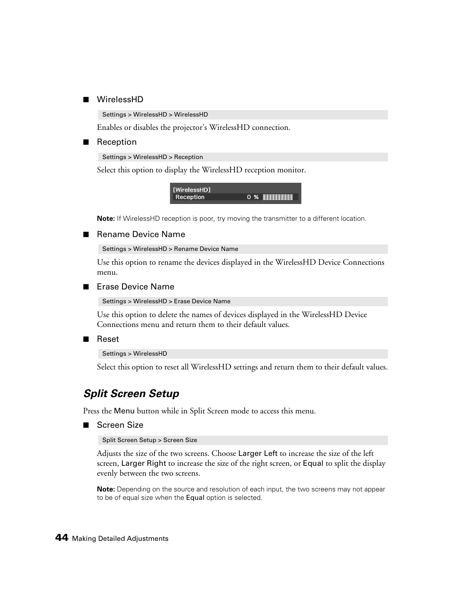 Split screen setup | Epson POWERLITE 5010E User Manual | Page 44 / 86