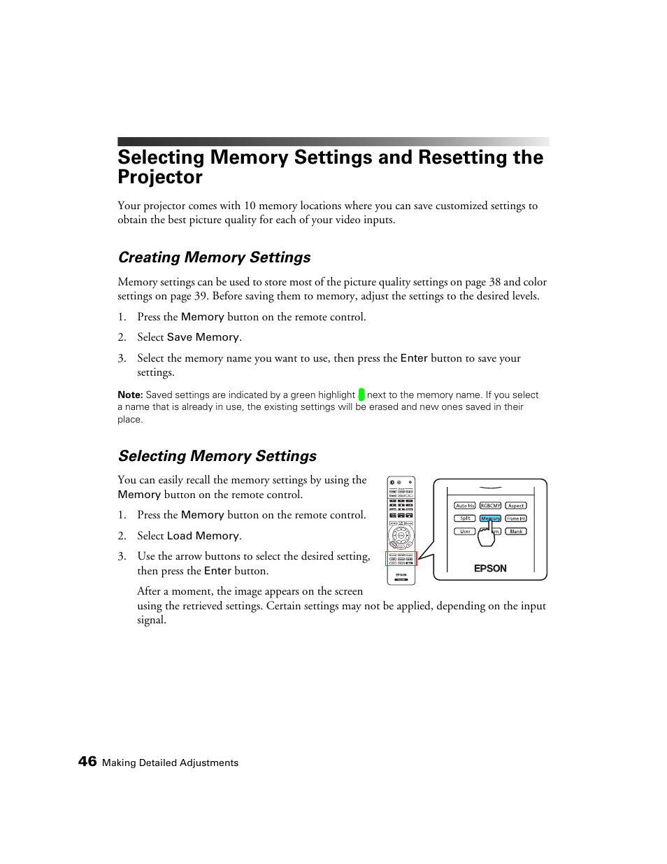 Creating memory settings, Selecting memory settings | Epson POWERLITE 5010E User Manual | Page 46 / 86