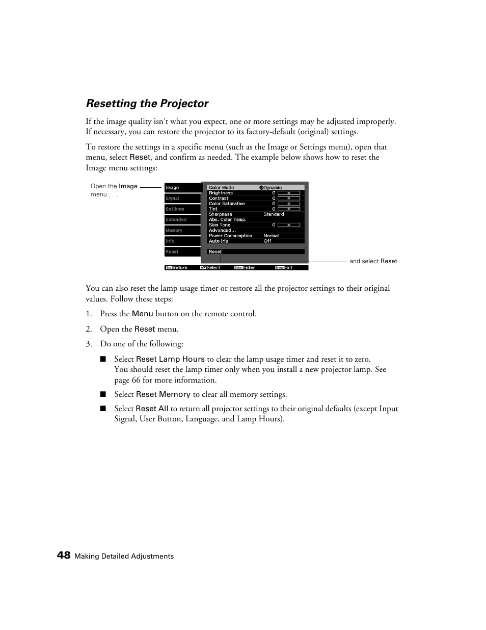 Resetting the projector | Epson POWERLITE 5010E User Manual | Page 48 / 86