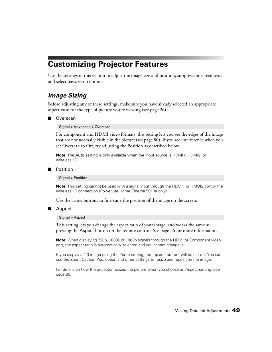 Customizing projector features, Image sizing | Epson POWERLITE 5010E User Manual | Page 49 / 86