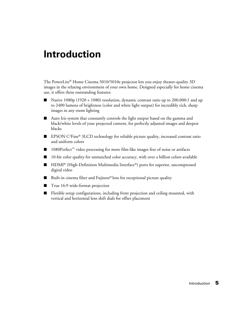 Introduction | Epson POWERLITE 5010E User Manual | Page 5 / 86