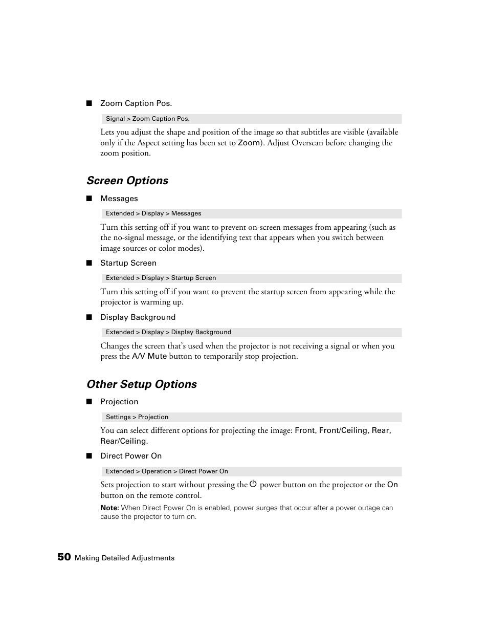 Screen options, Other setup options | Epson POWERLITE 5010E User Manual | Page 50 / 86