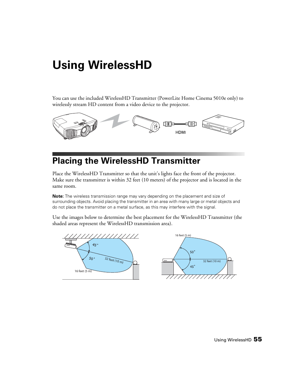 Using wirelesshd, Placing the wirelesshd transmitter | Epson POWERLITE 5010E User Manual | Page 55 / 86