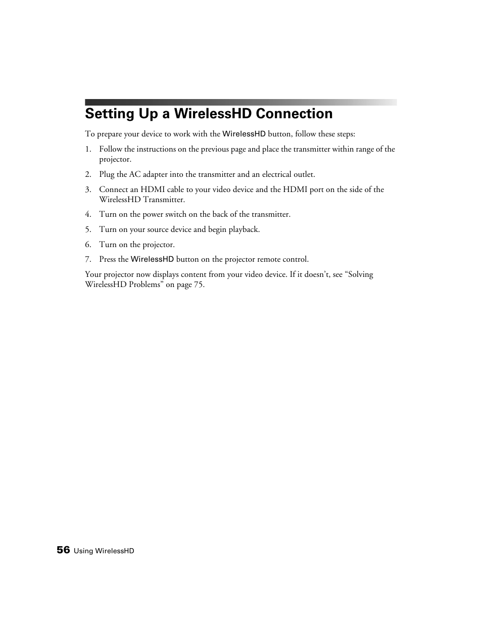 Setting up a wirelesshd connection | Epson POWERLITE 5010E User Manual | Page 56 / 86