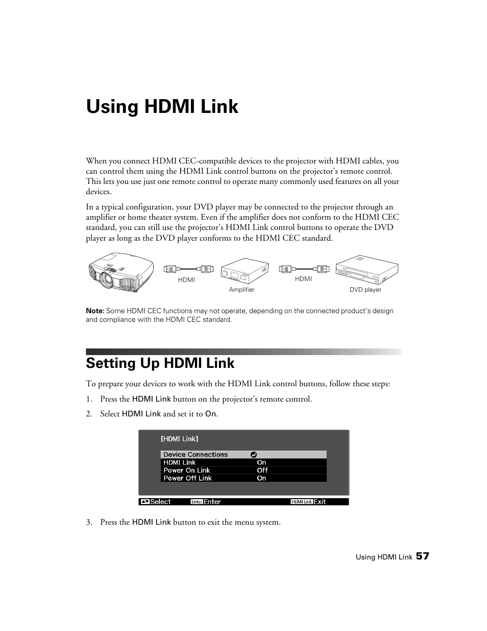 Using hdmi link, Setting up hdmi link | Epson POWERLITE 5010E User Manual | Page 57 / 86