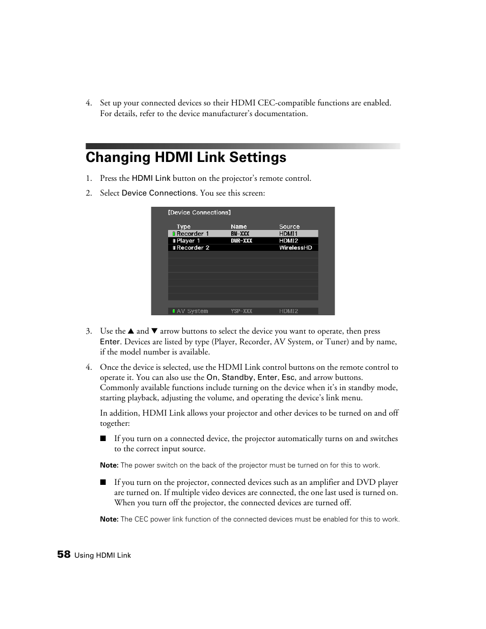 Changing hdmi link settings | Epson POWERLITE 5010E User Manual | Page 58 / 86