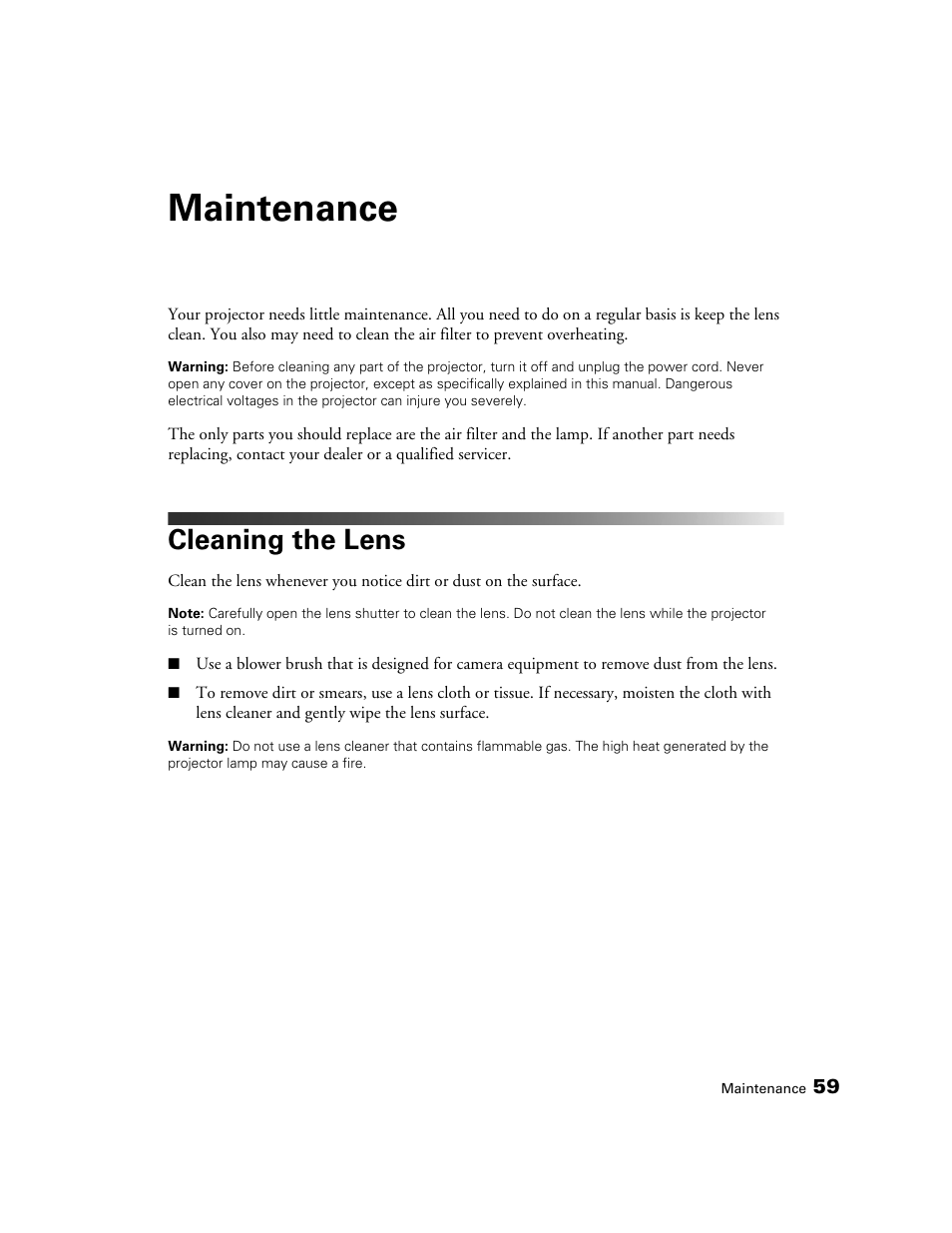 Maintenance, Cleaning the lens | Epson POWERLITE 5010E User Manual | Page 59 / 86