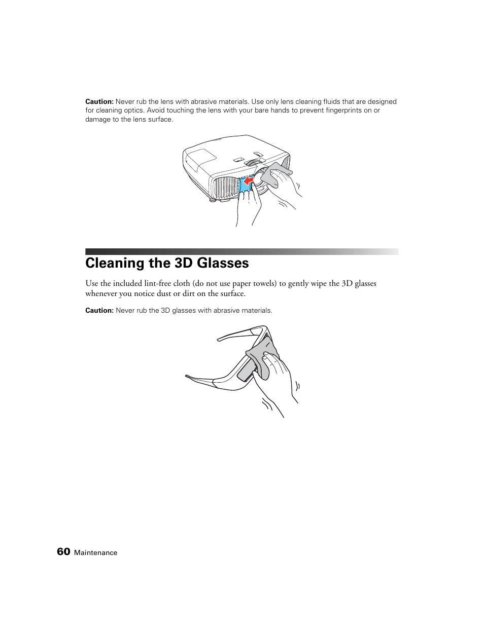 Cleaning the 3d glasses | Epson POWERLITE 5010E User Manual | Page 60 / 86