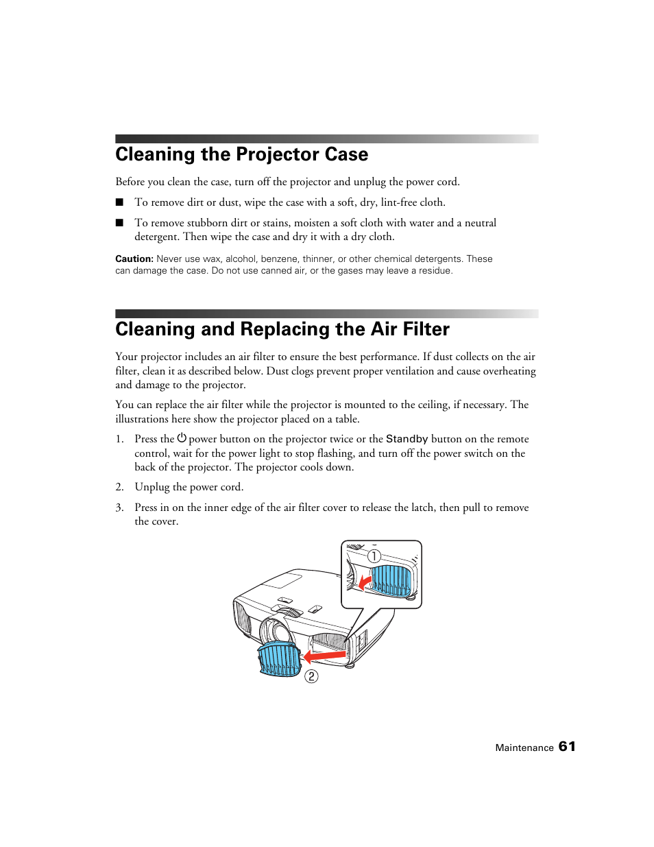 Cleaning the projector case, Cleaning and replacing the air filter | Epson POWERLITE 5010E User Manual | Page 61 / 86