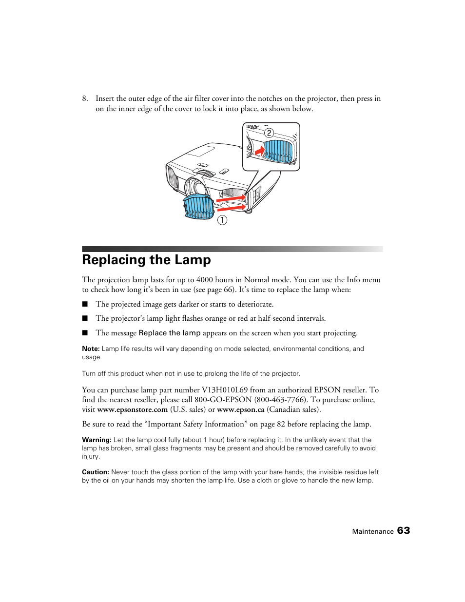 Replacing the lamp | Epson POWERLITE 5010E User Manual | Page 63 / 86