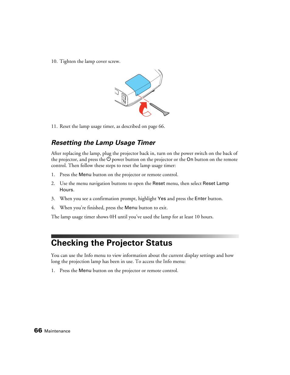 Resetting the lamp usage timer, Checking the projector status | Epson POWERLITE 5010E User Manual | Page 66 / 86