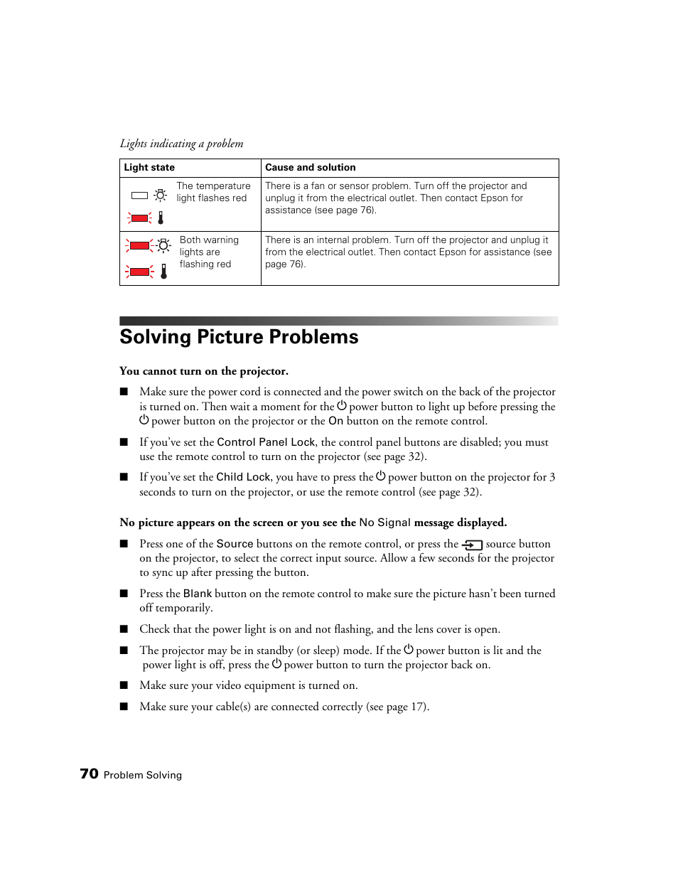 Solving picture problems | Epson POWERLITE 5010E User Manual | Page 70 / 86