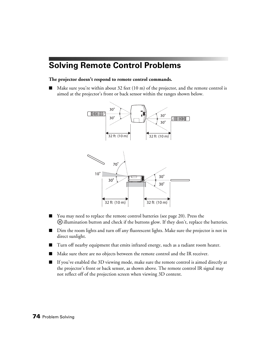 Solving remote control problems | Epson POWERLITE 5010E User Manual | Page 74 / 86