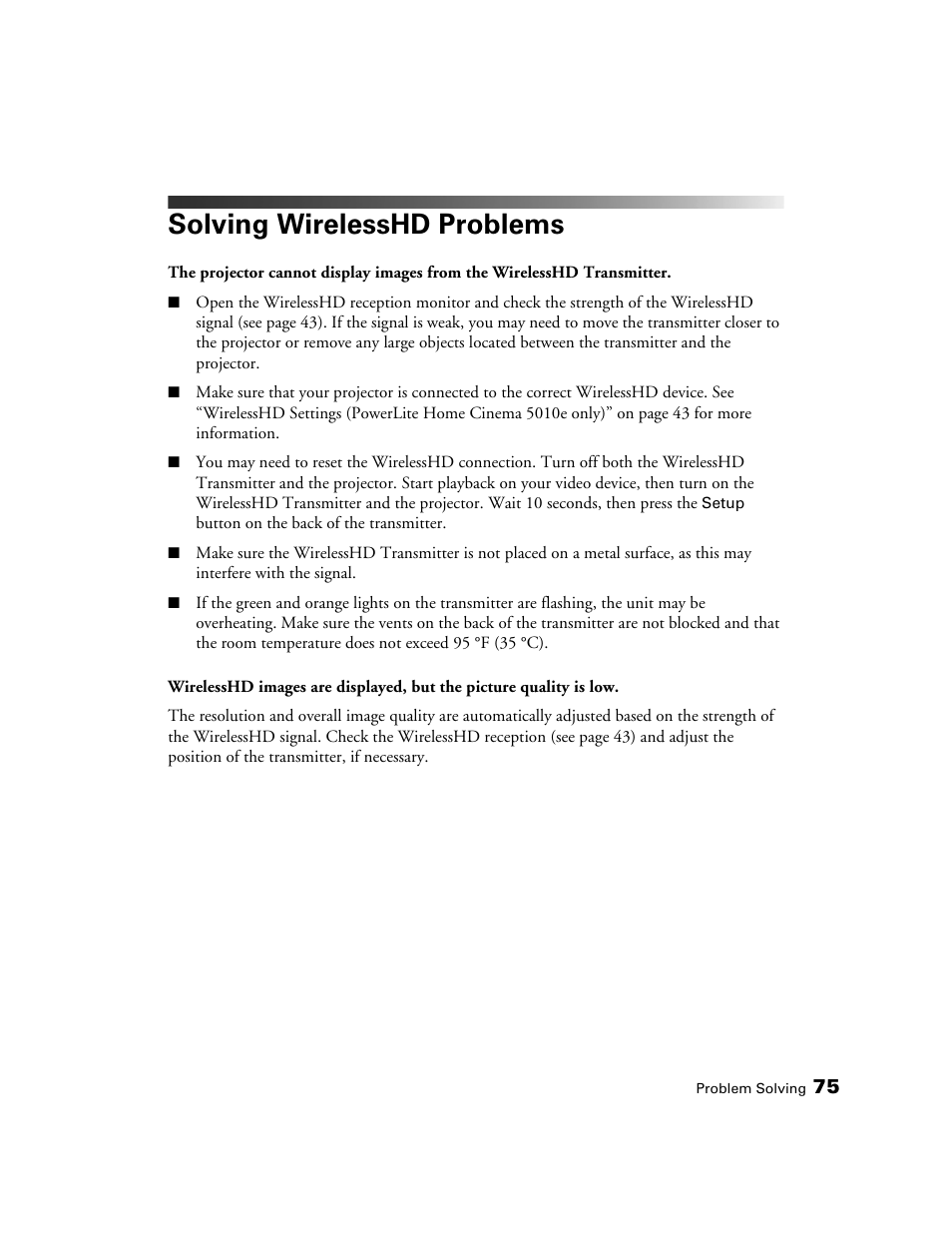 Solving wirelesshd problems | Epson POWERLITE 5010E User Manual | Page 75 / 86