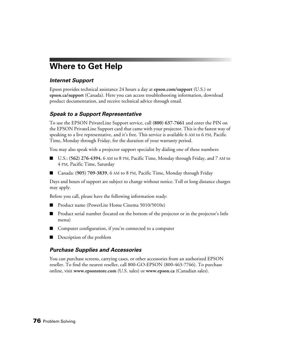 Where to get help | Epson POWERLITE 5010E User Manual | Page 76 / 86