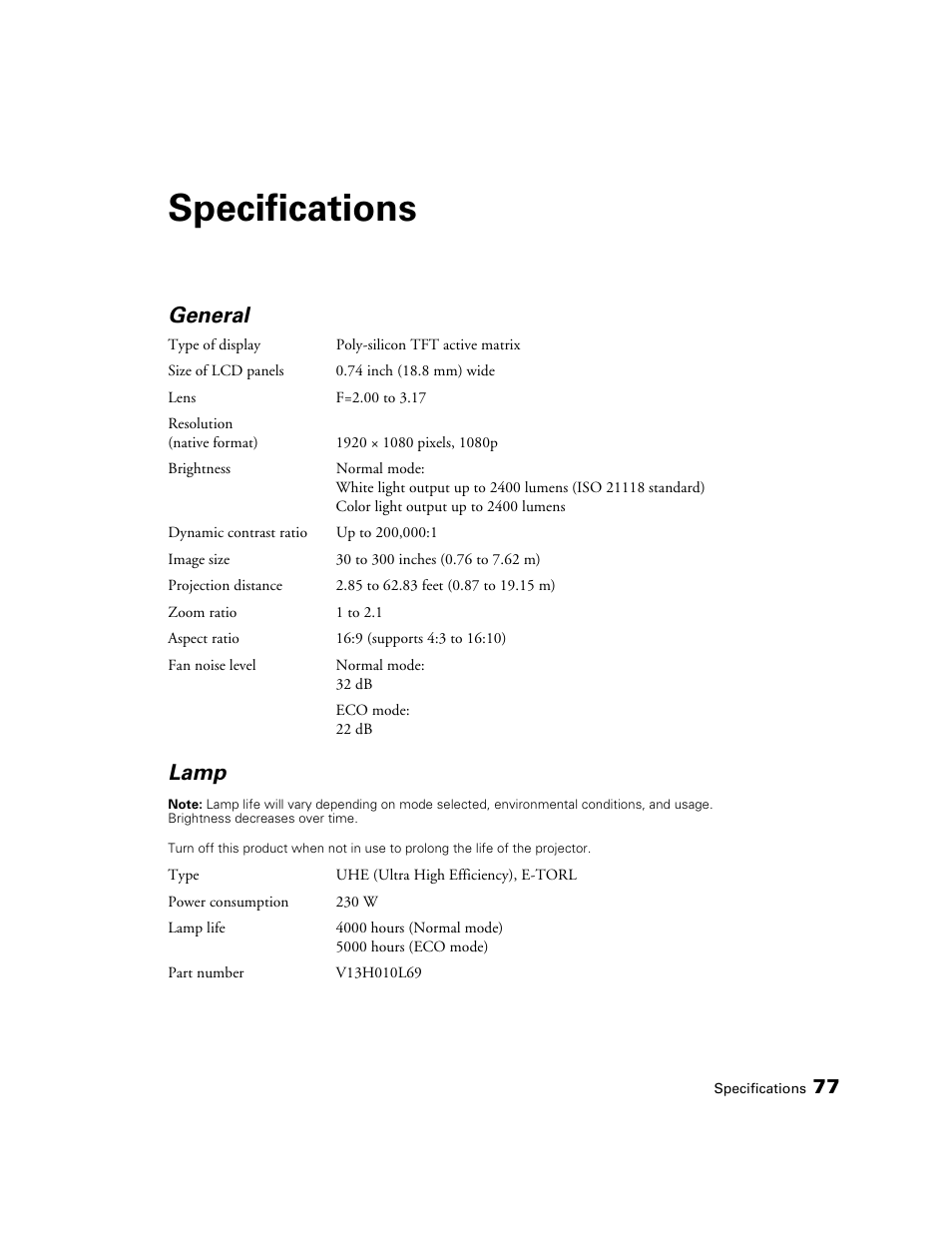 Specifications, General, Lamp | Epson POWERLITE 5010E User Manual | Page 77 / 86