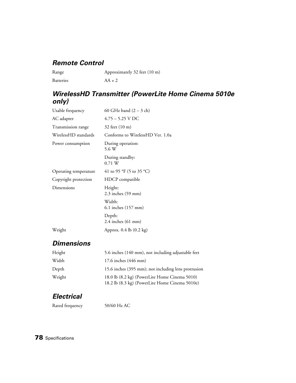 Remote control, Dimensions, Electrical | Epson POWERLITE 5010E User Manual | Page 78 / 86