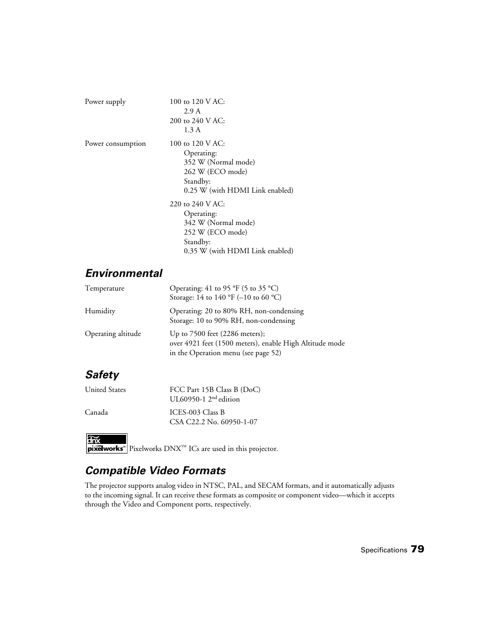 Environmental, Safety, Compatible video formats | Epson POWERLITE 5010E User Manual | Page 79 / 86