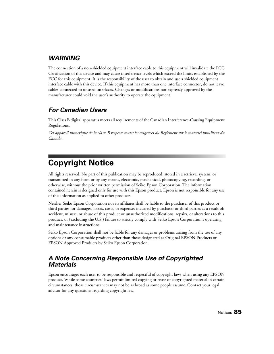 Copyright notice | Epson POWERLITE 5010E User Manual | Page 85 / 86