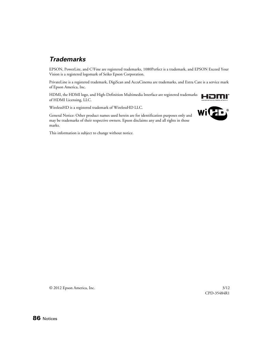 Trademarks | Epson POWERLITE 5010E User Manual | Page 86 / 86