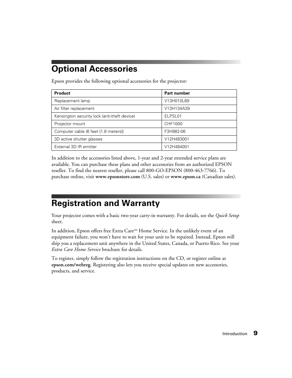 Optional accessories, Registration and warranty | Epson POWERLITE 5010E User Manual | Page 9 / 86