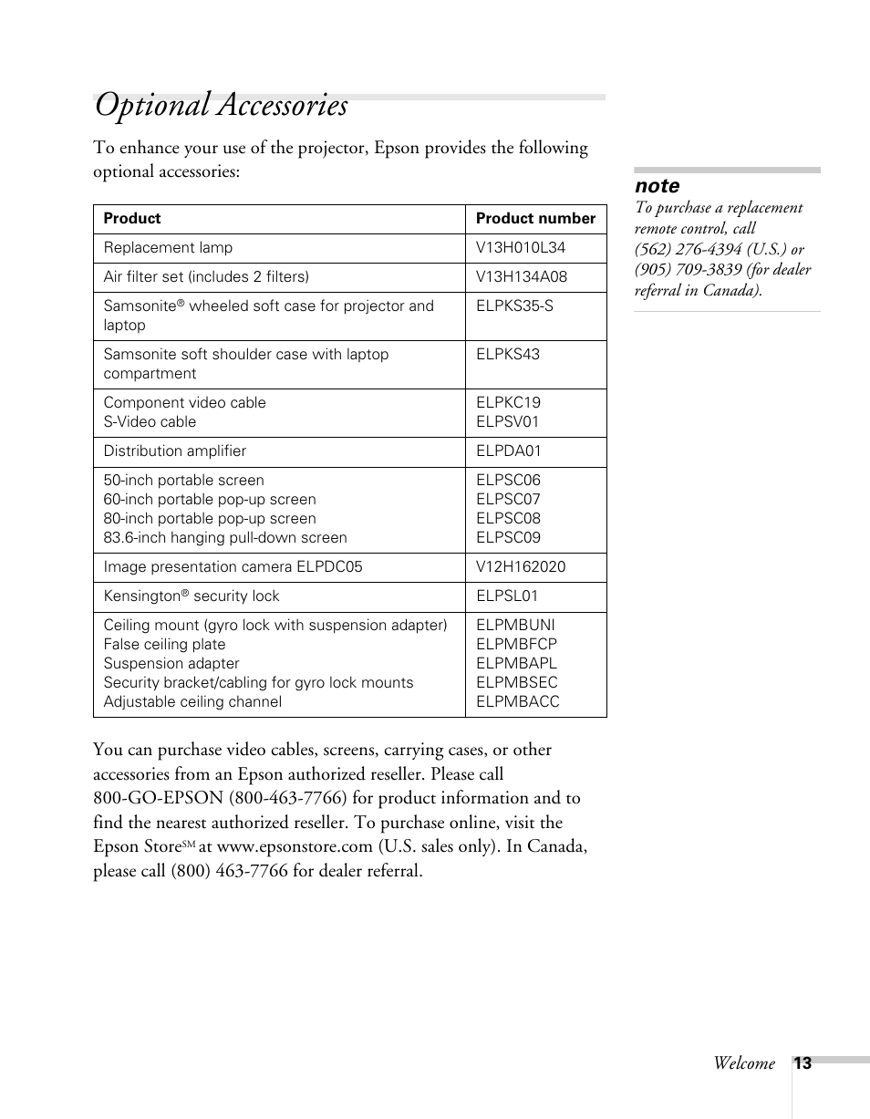 Optional accessories | Epson 62c/82c User Manual | Page 13 / 113