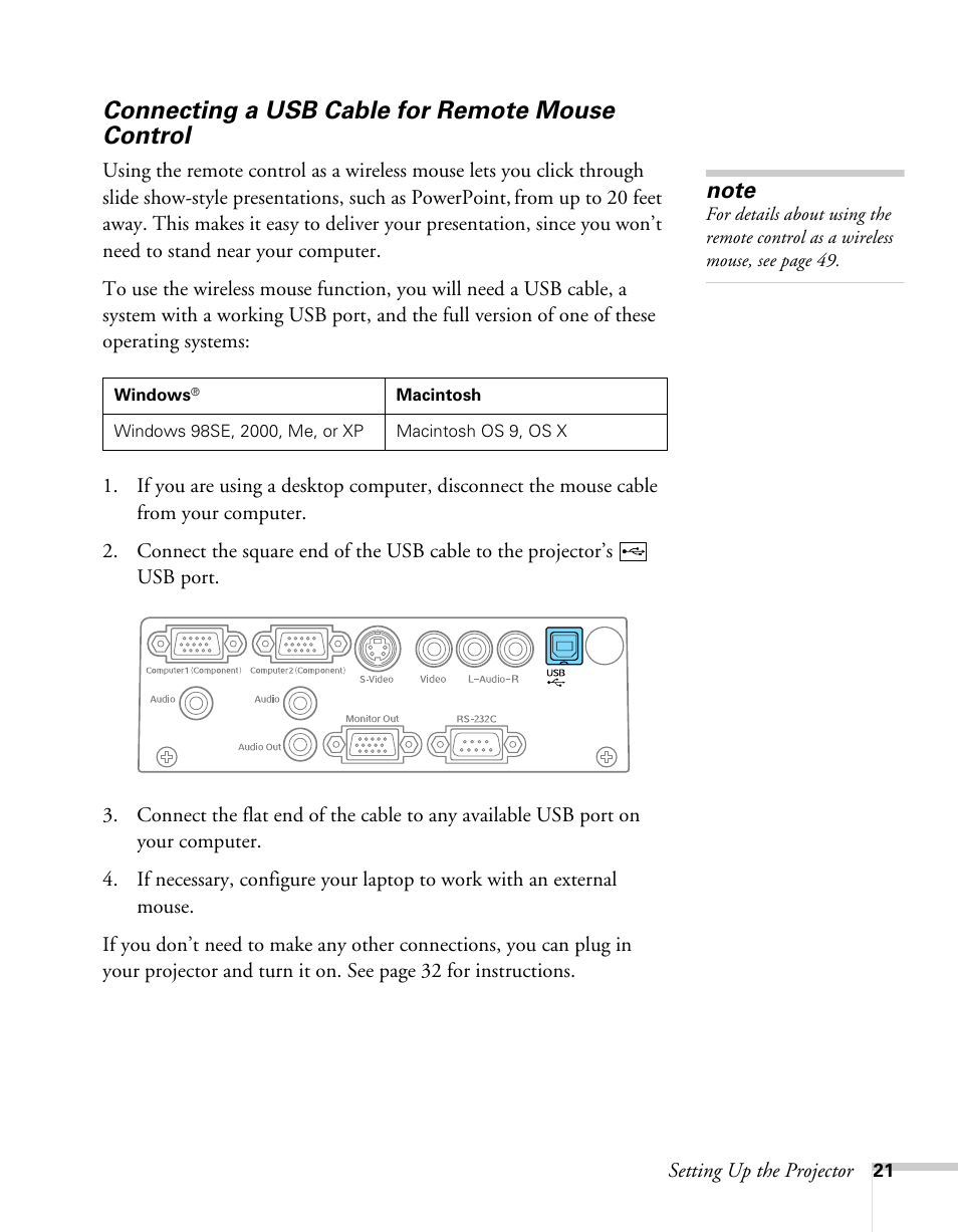 Connecting a usb cable for remote mouse control | Epson 62c/82c User Manual | Page 21 / 113