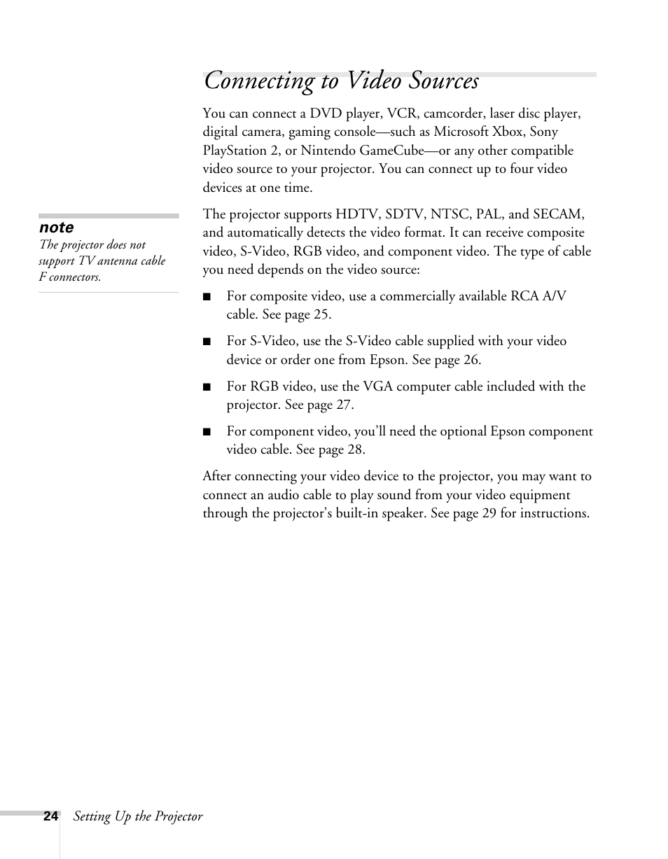 Connecting to video sources | Epson 62c/82c User Manual | Page 24 / 113