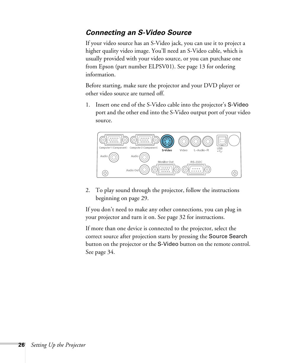 Connecting an s-video source | Epson 62c/82c User Manual | Page 26 / 113